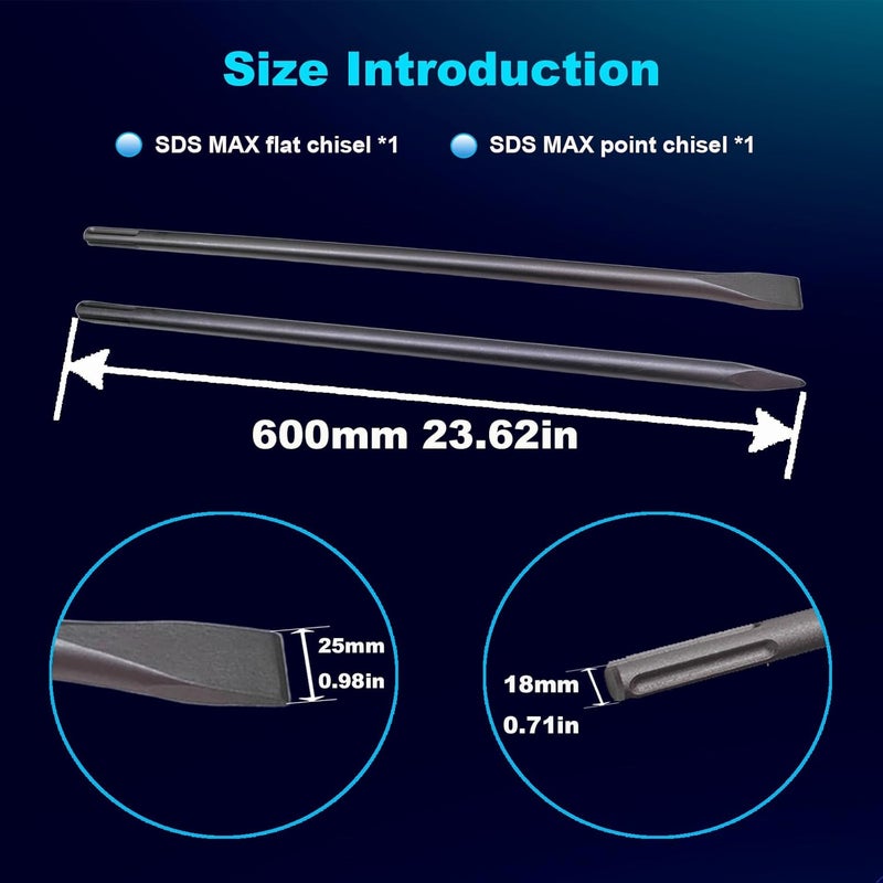 Phyxlyn 24-Inch SDS Max Set, 1 Inch Flat Chisel and Point Chisel, Ideal for Concrete Demolition, Tile Removal Tool for SDS-Max Hammer Drill Attachment, 40Cr Alloy Steel - Image 3